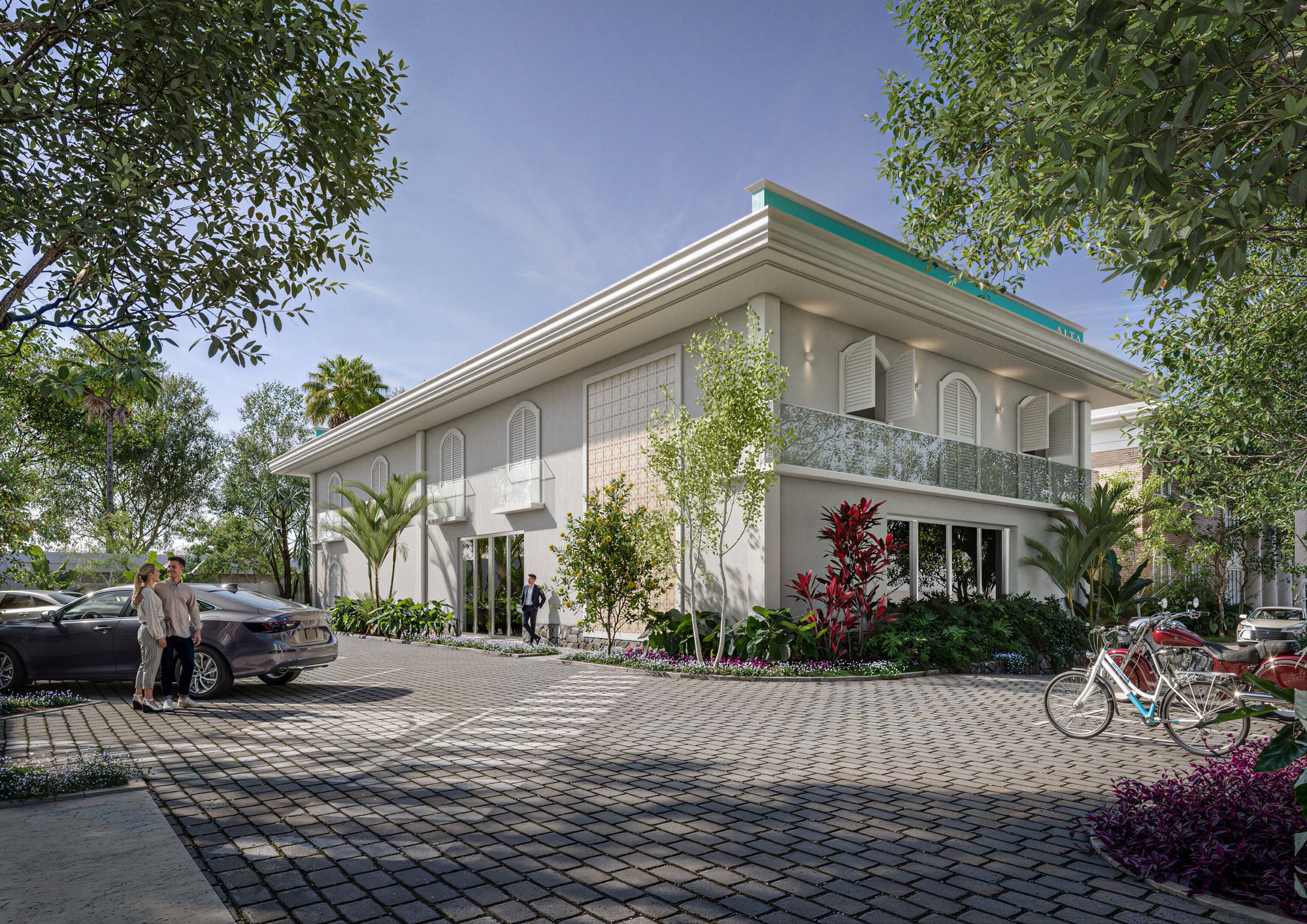 Render do ALTA Booster Ibirapuera — o casarão restaurado visto do acesso de veículos