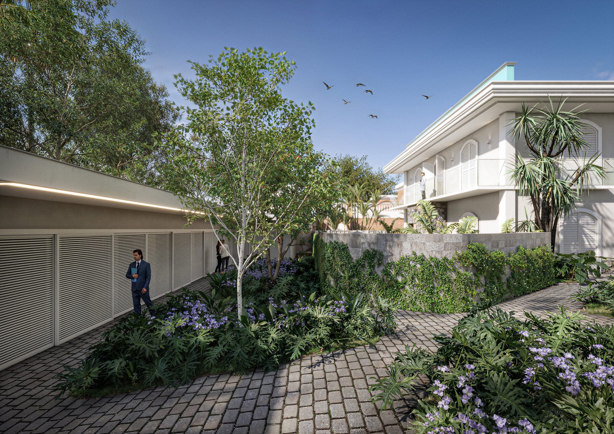Render do ALTA Booster Ibirapuera — jardim interno entre o casarão e o anexo