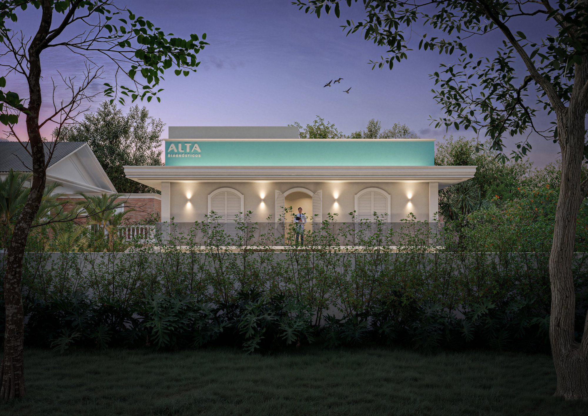 Render do ALTA Booster Ibirapuera — a nova fachada vista do parque, à noite