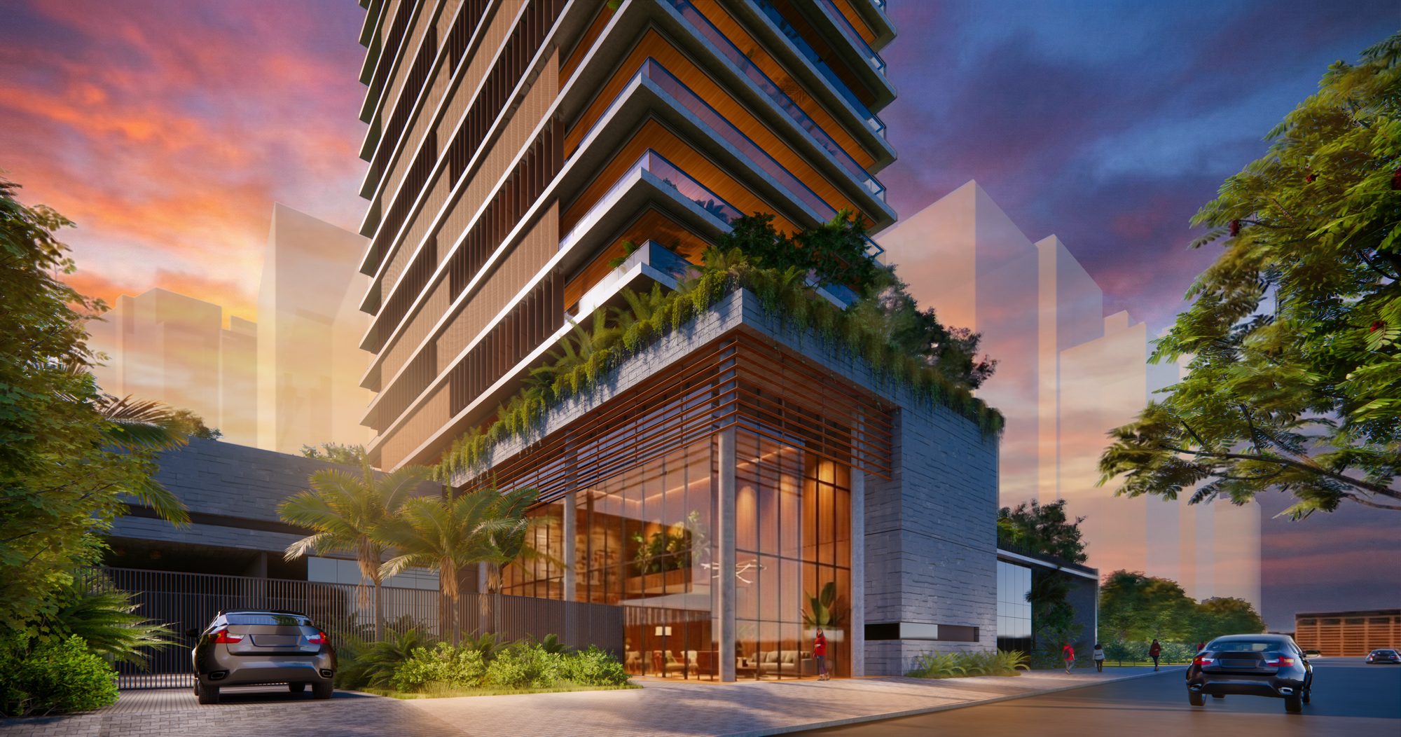 Render do Catuaí + Even Jardins — acesso e térreo ao entardecer