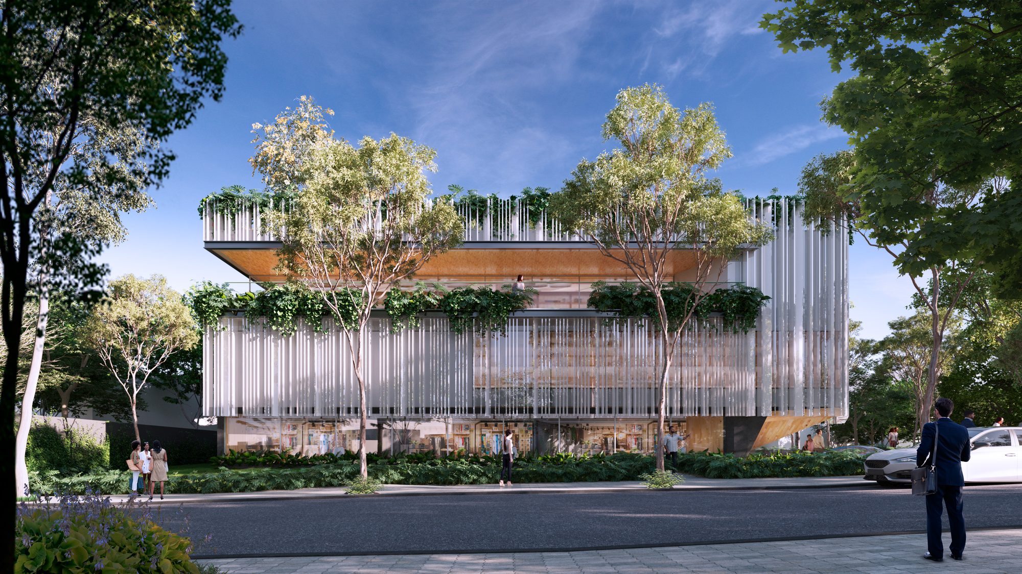 Render do Catuaí Jardim Europa — o volume entre as árvores, contra o céu azul