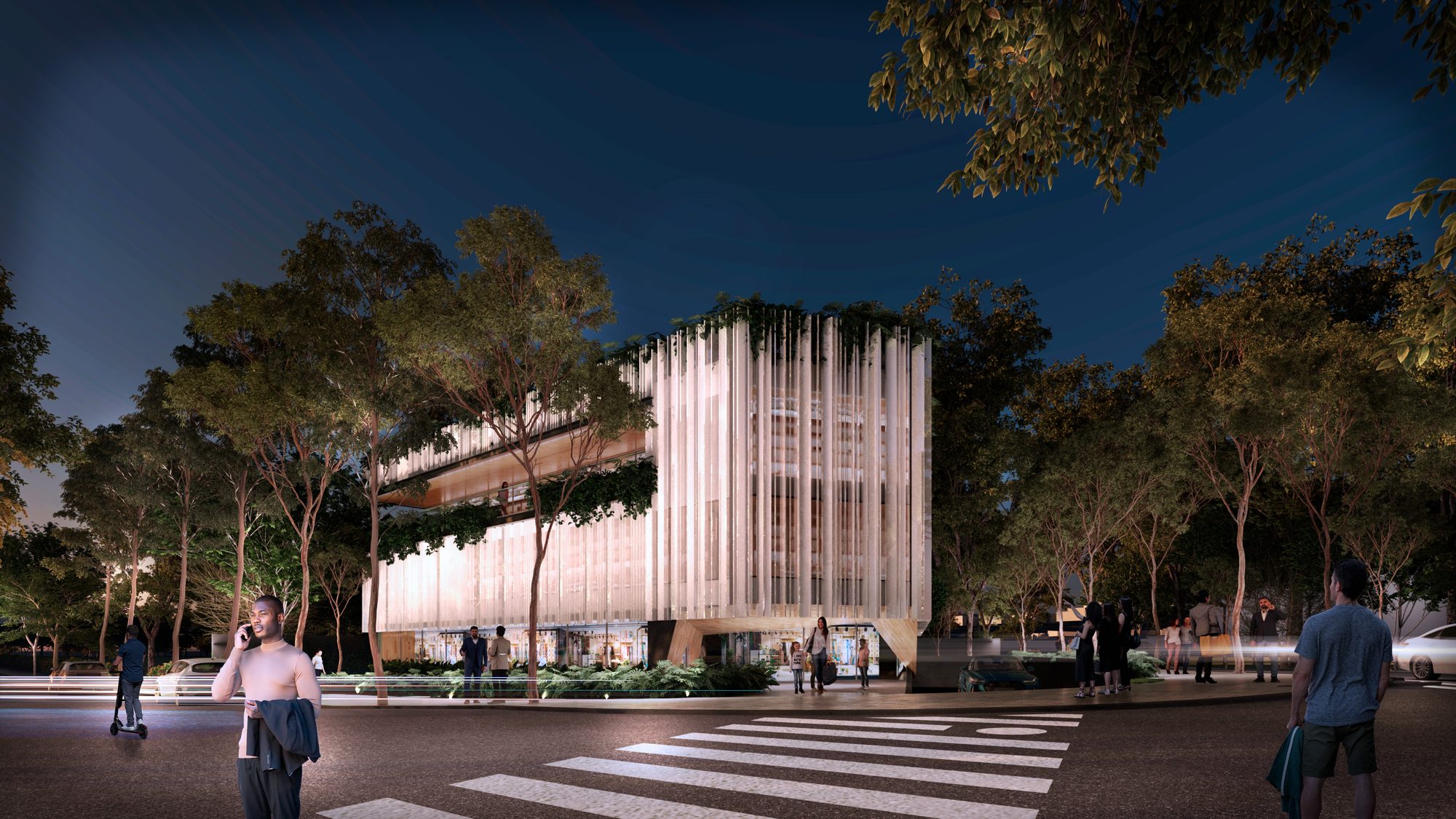 Render do Catuaí Jardim Europa — a fachada iluminada à noite