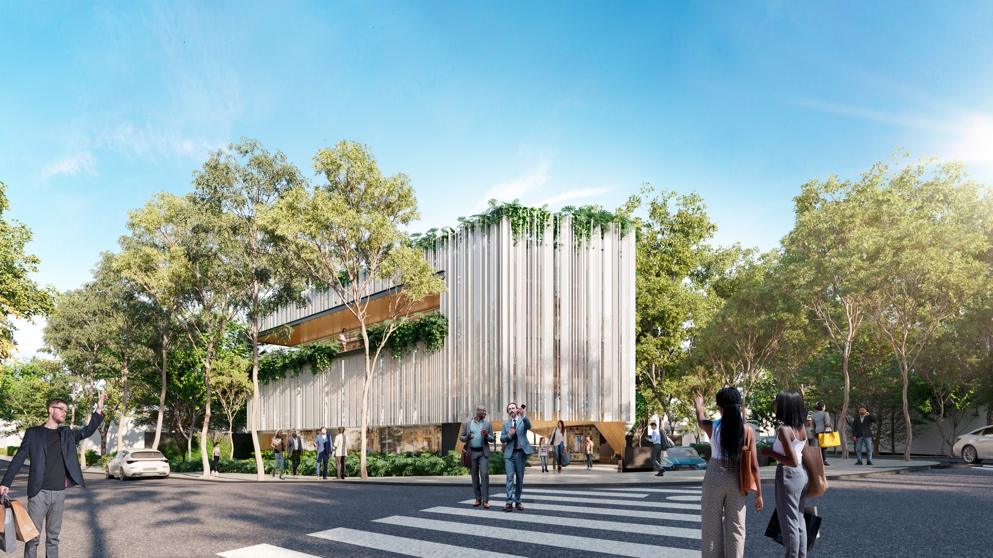 Render do Catuaí Jardim Europa — a esquina arborizada com pedestres