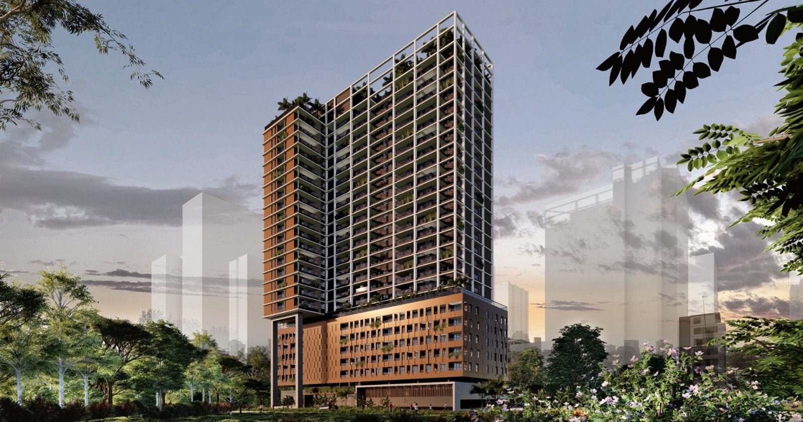 Render do Even Moema — a torre escalonada vista da rua, entre árvores