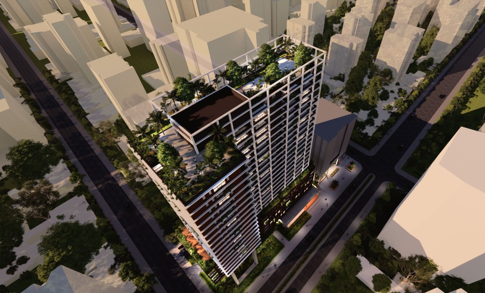 Render do Even Moema — implantação vista de cima, com o rooftop ajardinado