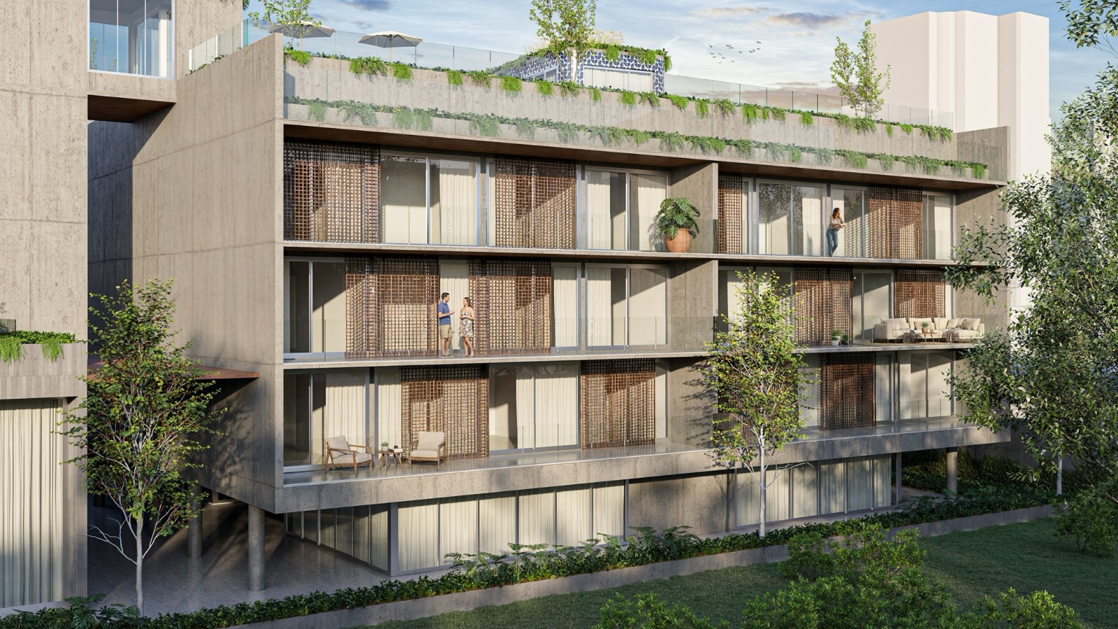 Render do Even Pinheiros — o embasamento sobre pilotis com varandas, vista da lateral