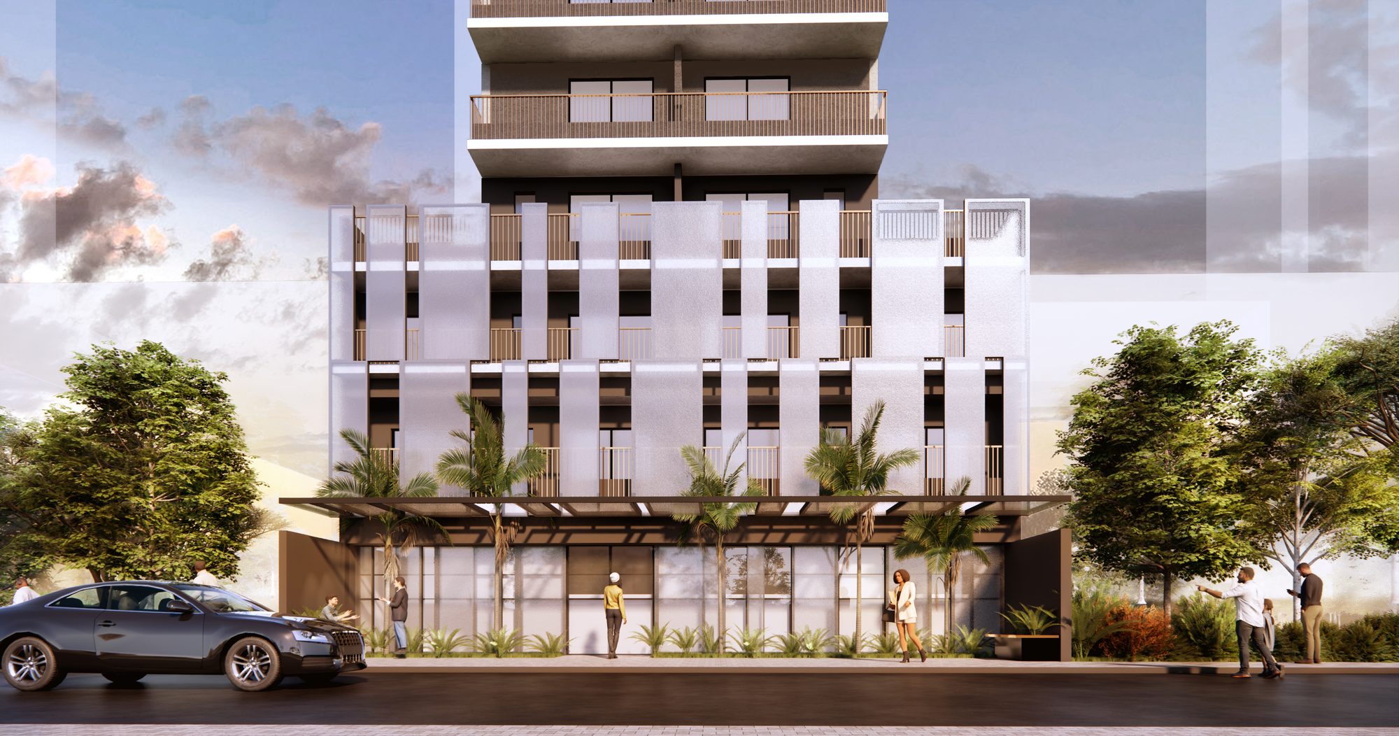 Render do Stela Marina — o embasamento visto da praça em frente