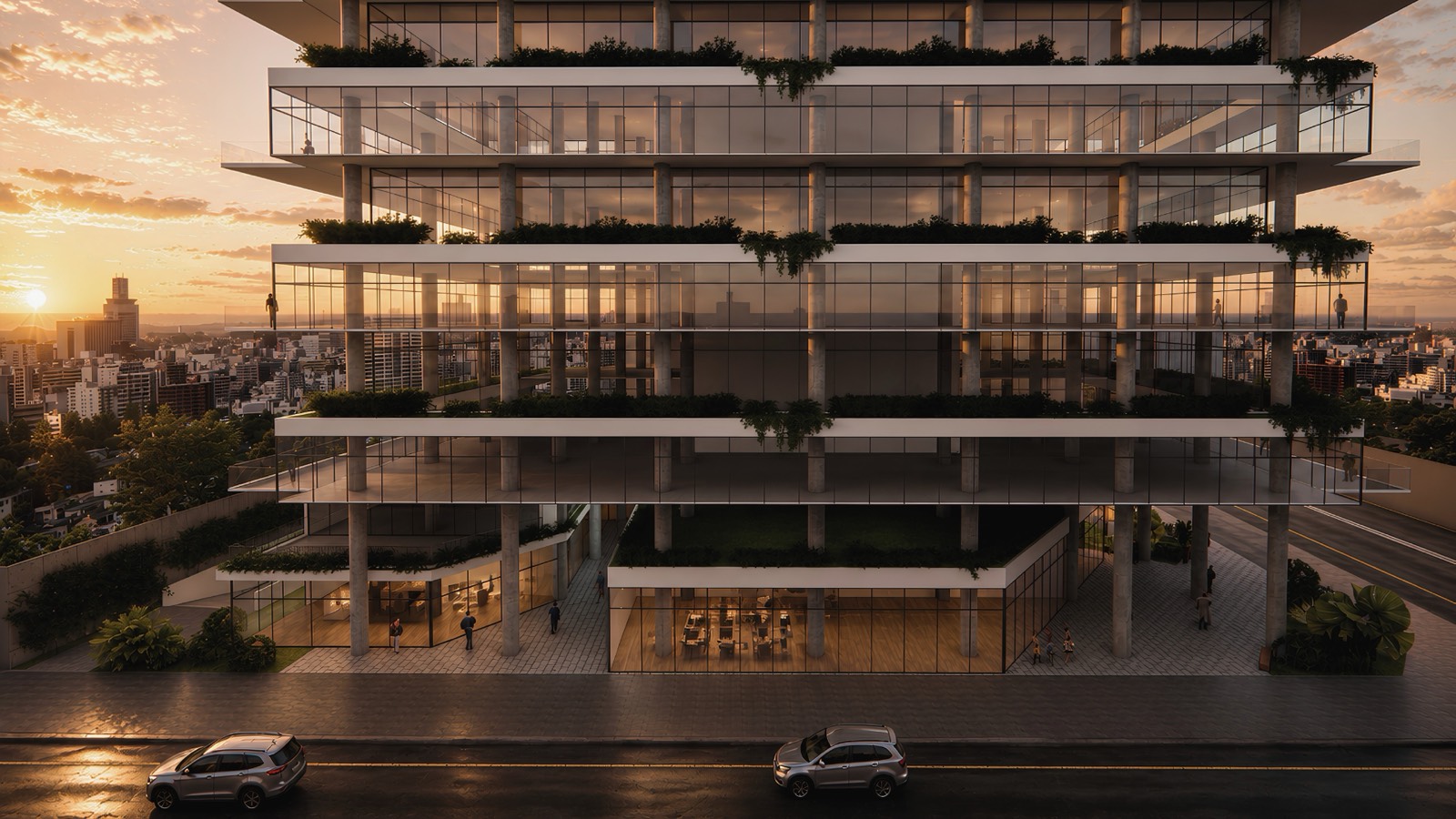 Render do Toca 55 Pinheiros — fachada frontal com lajes escalonadas e jardineiras